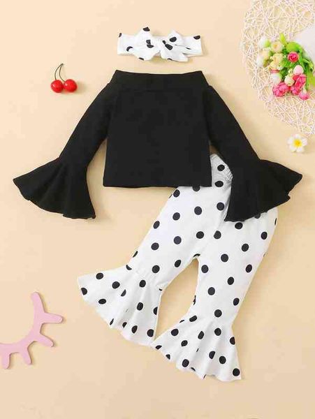 

baby flounce sleeve & polka dot flare leg pants with headband she, White