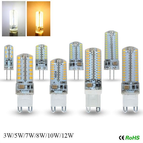 

bulbs 5pcs g4 g9 led lamp smd 3014 2835 dc12v ac 220v 3w 7w 9w 12w replace 30w halogen 360 beam angle lampada bulb