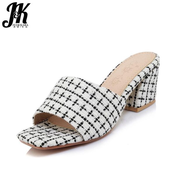 

slippers jk 2021 summer high heels women hoof colored cloth slides footwear fashion casual ladies mules shoes big size 43, Black