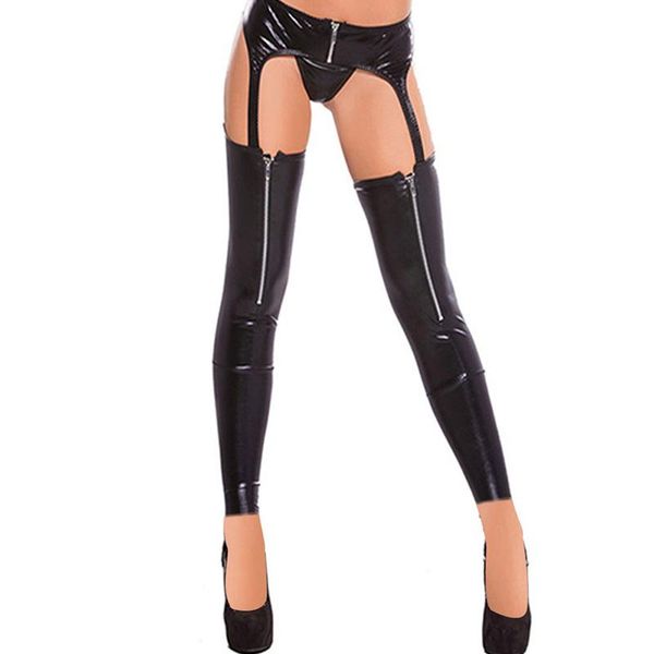 

women thigh leather stockings female erotic gaiters waist zipper wetlook black vinyl latex gothic tights socks & hosiery, Black;white
