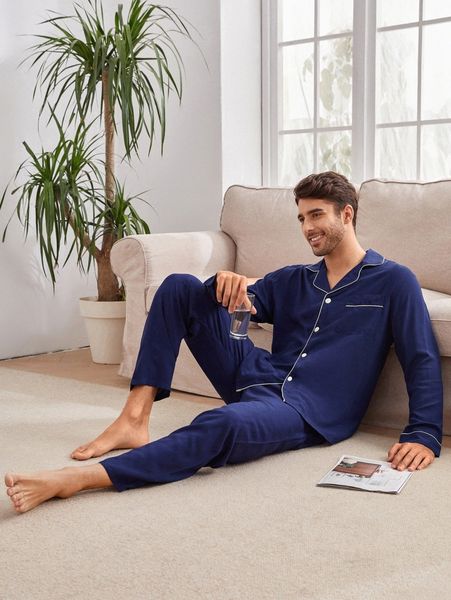 

men contrast piping shirt & pants pj set 81rk#, Black;brown