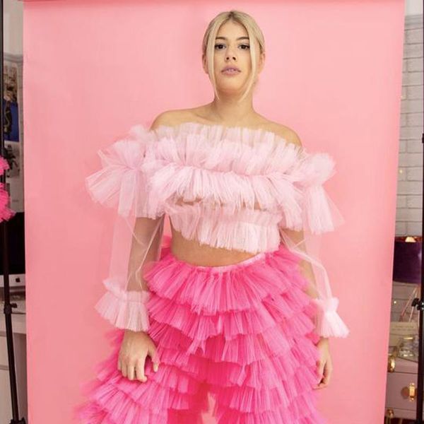 

stylist pink ruffles tulle blouse women 2021 see thru full sleeves short off the shoulder female clothing women's blouses & shirts, White