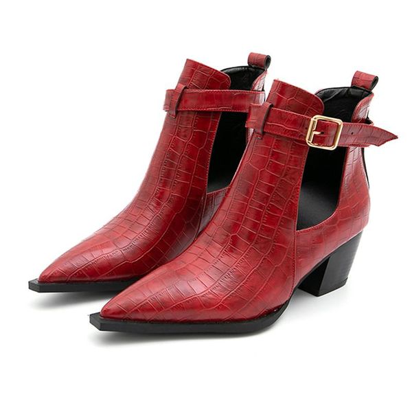 

boots metal studded rivets short sandal woman pointy toe buckle straps ankle cut out fashion cool shoes botas mujer, Black