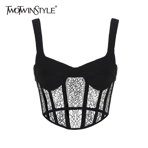 

patchwork lace tank for women square collar sleeveless solid hollow out short vest female fashion 210524, White