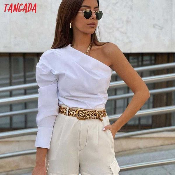 Tangada Frauen Retro Weiß One Shoulder Off Crop Shirt Sexy Chic Weibliches Hemd Tops QJ150 210609