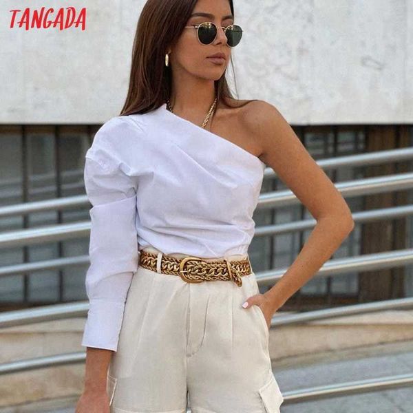 

tangada women retro white one shoulder off crop shirt chic female shirt qj150 210609