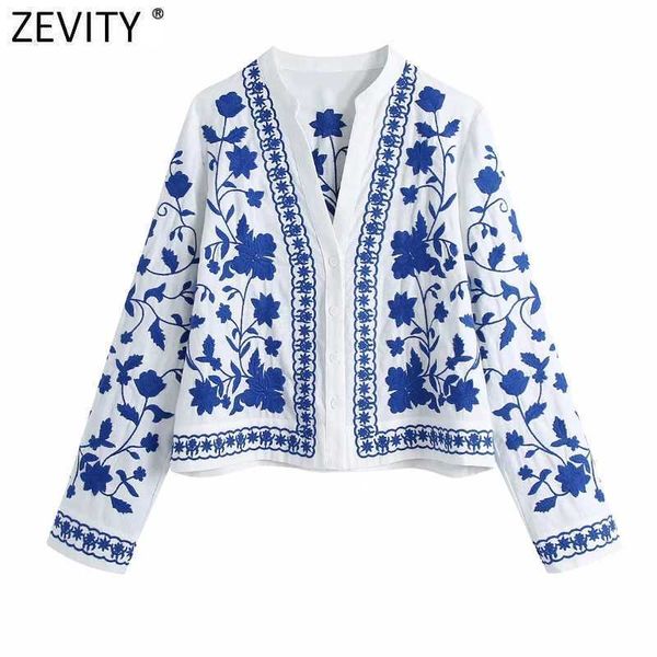 Zevity Frauen Vintage V-Ausschnitt Blau und Weiß Porzellan Stickerei Hemden Weibliche Langarm Kimono Bluse Roupas Chic Tops LS9193 210603