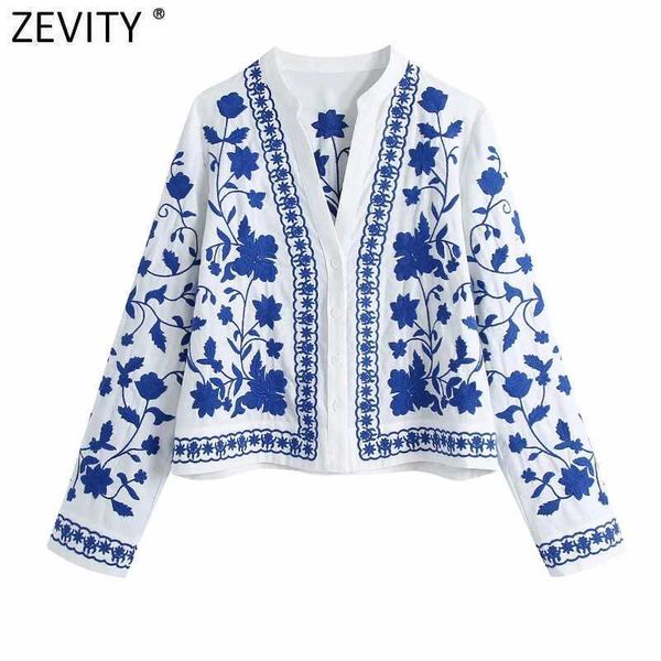 Zevidade Mulheres Vintage Vintage V Neck Azul e Branco Porcelana Embroidery Camisas Femininas Manga Longa Kimono Blusa Roupas CHIC Tops LS9193 210603