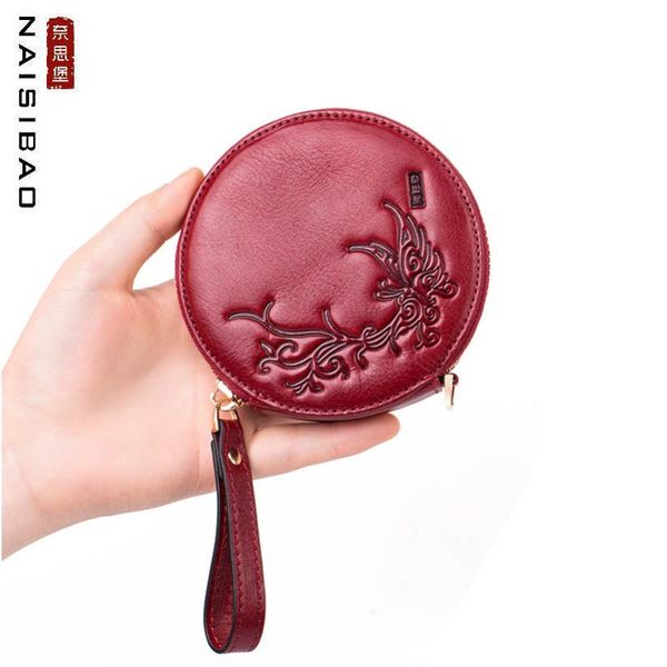 

wallets naisibao 2021 genuine leather wallet women's chain small diagonal bag round short mini coin, Red;black