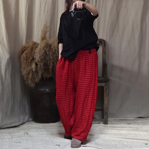 

women's pants & capris women spring striped elastic waist plus size ladies loose cotton linen wide leg trousers female vintage stripe f, Black;white