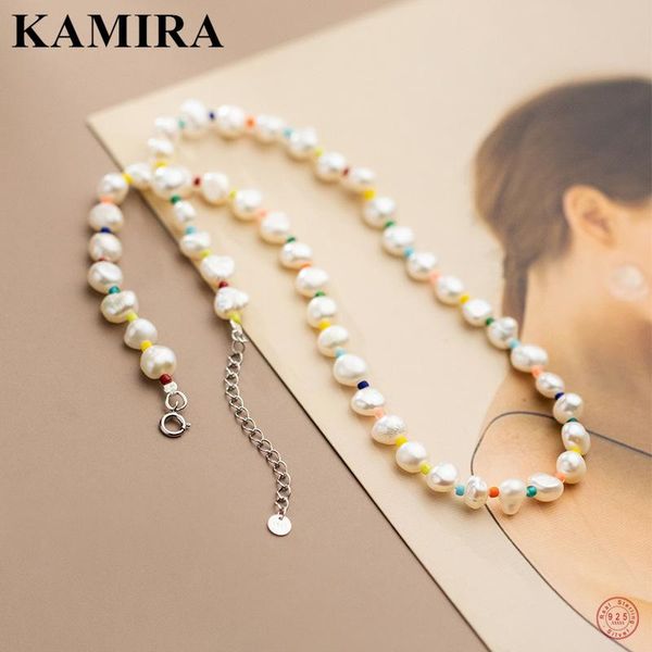 

chains kamira 925 sterling silver fashion korean lovely baroque natural freshwater pearl necklace for women rainbow glass charm jewelry