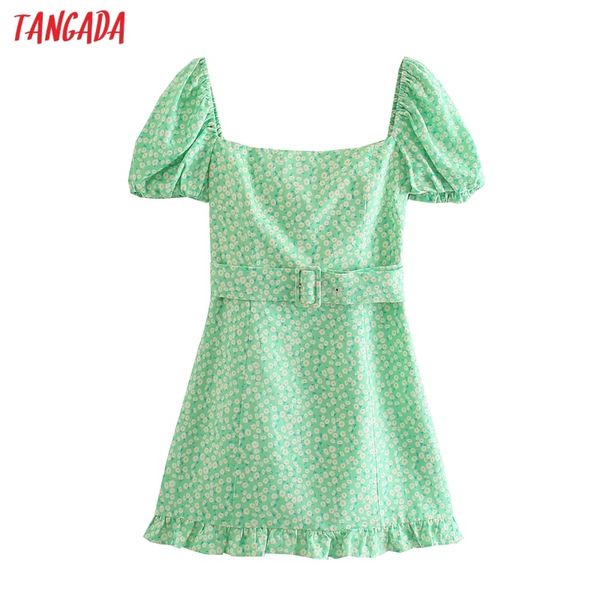 

summer women green flowers print sundress with belt square neck short sleeve ladies mini dress vestidos 5z129 210416, Black;gray