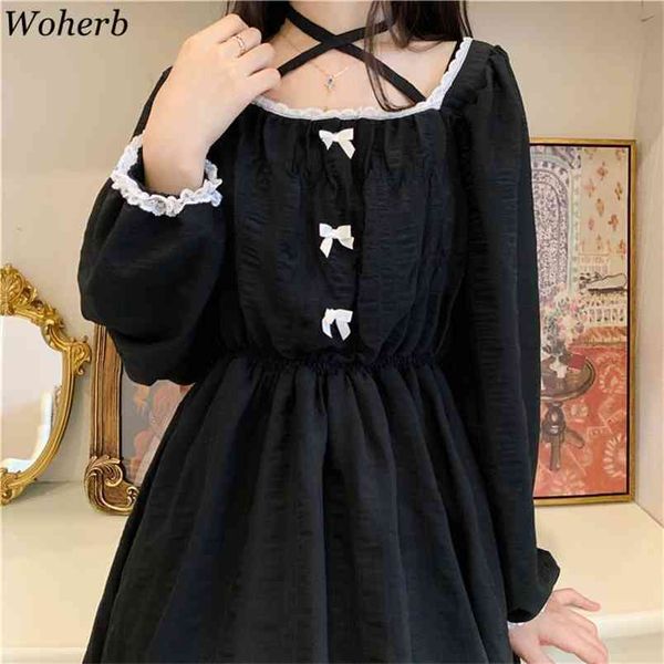 Abito gotico lolita giapponese donna nero carino vintage kawaii casual sottile abito autunnale femminile vestidos 210519