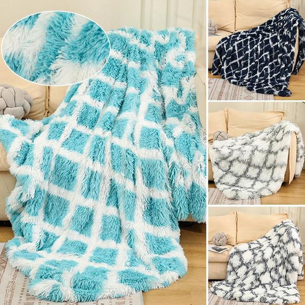 

blankets lattice printed double layer blanket thick warm woolen fluffy long plush shawl super soft adults