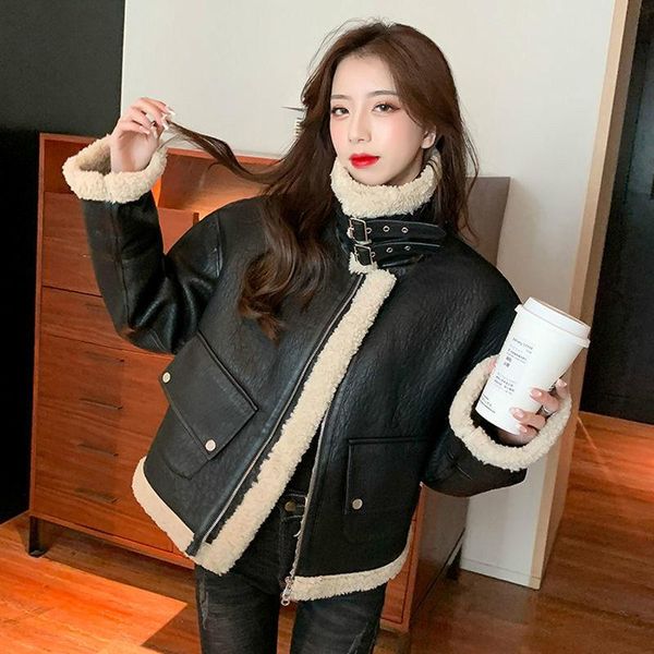 

autumn winter women warm plush faux leather lambswool fur coats female thicken slim short biker motorcycle outwear a45 women's &, Black