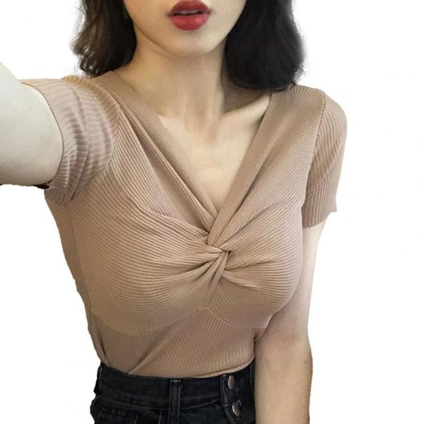 

t-shirts women summer fashion elegance short sleeve stretch knitted t-shirt v-neck cross wrap streetwear women's clothing, White