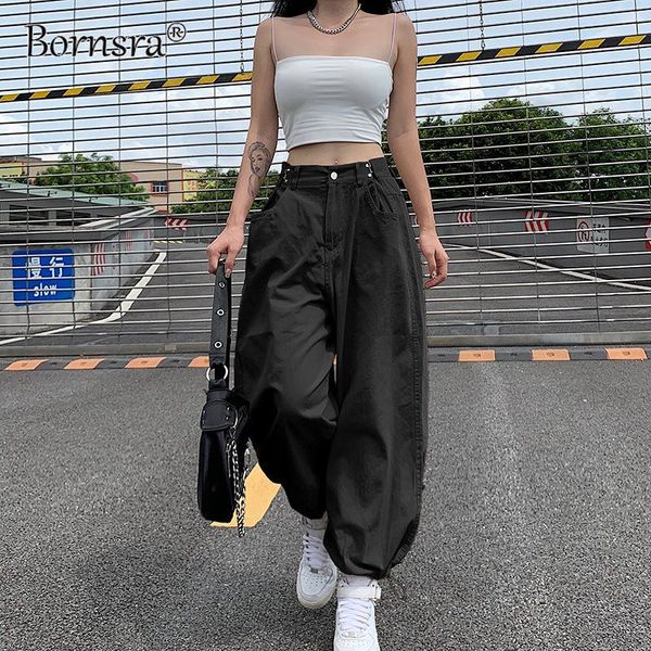 

women's pants & capris bornsra 2021 women trendy casual ins streetwear high waist adjustable loose hip-hop trousers tie-leg, Black;white