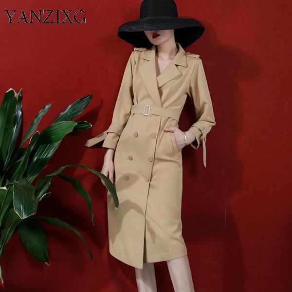 

women's trench coats khaki lapel long sleeve double-breasted belt slim windbreaker woman vintage fashion 2021 autumn winter coat s221, Tan;black