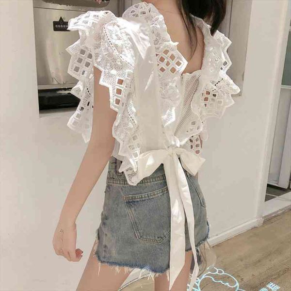 

lace hook floral spliced ruffles blouses hollow v-neck sleeveless shirts high waist lace up pleated vest bowtie crop, White