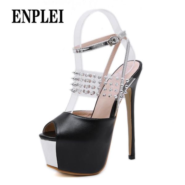 

dress shoes enplei riveted fish-mouth fine-heeled leopard-print coloured high-heeled platform thin heels club sandals size 34-40, Black