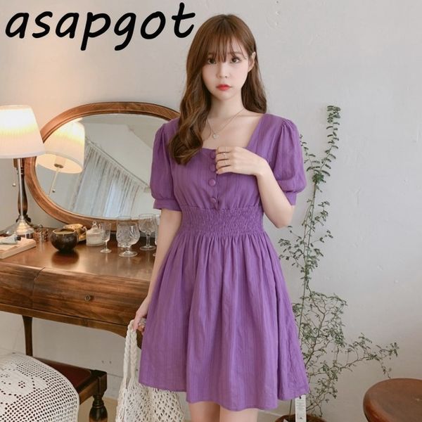 

summer square neck short sleeve plus size purple dress girls mini slim sweet gentle solid retro vestido feminino white 210429, Black;gray