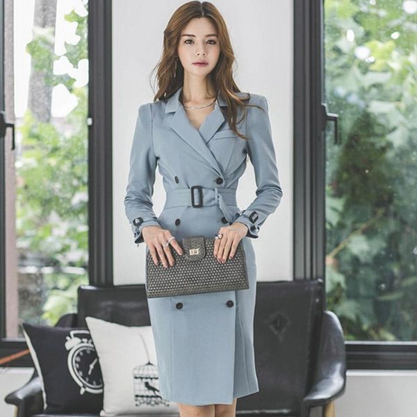 

casual dresses spring autumn office ladies windbreaker long women slim dress v-neck double breasted sashes elegant female vestidos, Black;gray