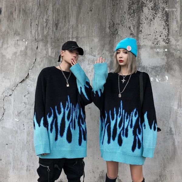 

men's sweaters tripleleaf autumn pull over spandex o-neck oversize couple casual men streetwear retro flame pattern hip hop1, White;black