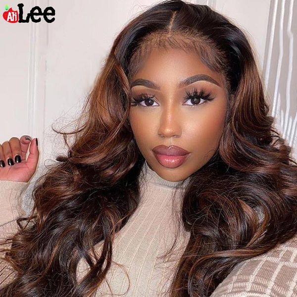

lace wigs highlight brown colored human hair peruvian body wave transparent frontal wig pre plucked bleached knots, Black;brown