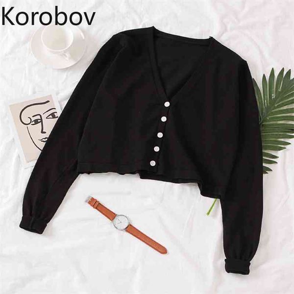 

korobov new arrival o neck women cardigans korean long sleeve knitted black sweater vintage single breated sueter mujer 210430, White