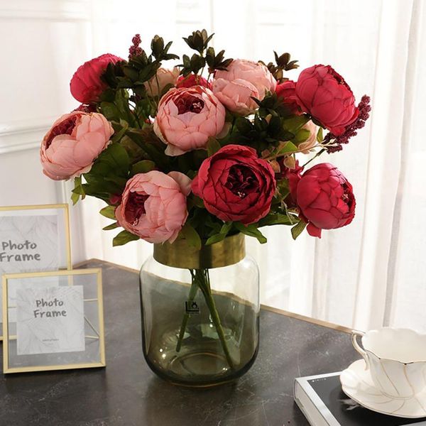 

decorative flowers & wreaths 1 bundle silk peony bouquet artificial fake wedding party home decoration plants diy pompons roses