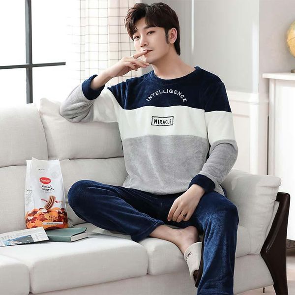 

men's sleepwear flannel pajamas men fall winter thicken to increase warmth home clothes o-neck thick mens lounge wear conjuntos masculi, Black;brown