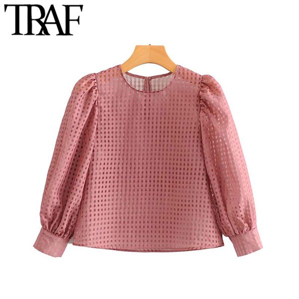 

traf women vintage sweet transparent plaid cropped blouses fashion o neck three quarter sleeve female shirts blusas chic 210415, White