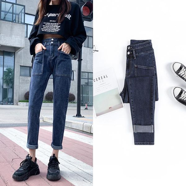 

women's jeans vintage high waist harem pants for women streetwear straight loose female denim y2k buttons zipper ladies 38, Blue