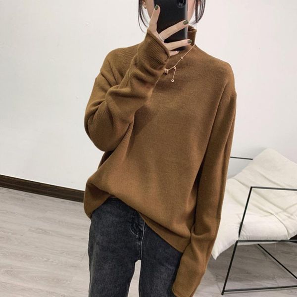 

women's sweaters 2021 autumn winter loose lazy style sweater women outer half high collar solid color versatile knitted bottomed shirt, White;black