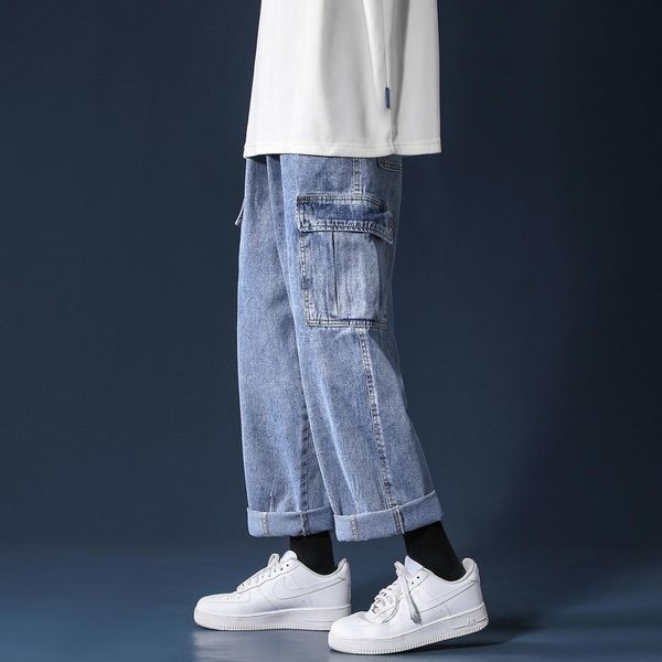 

men's jeans primavera outono do vintage calÃ§as de brim lavadas largas perna grans bolsos em linha reta carga nim jeans 2lge, Blue