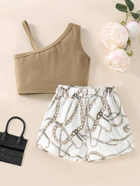 

baby asymmetric neck crop & chain print shorts she, White