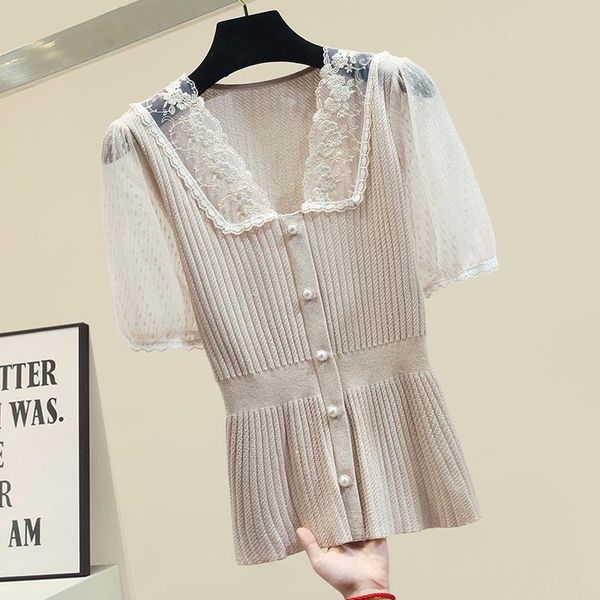 

women's knits & tees lace stitching waist-slim knitted cardigan summer thin t-shirt outerwear small coat elegant knitwear shirt, White