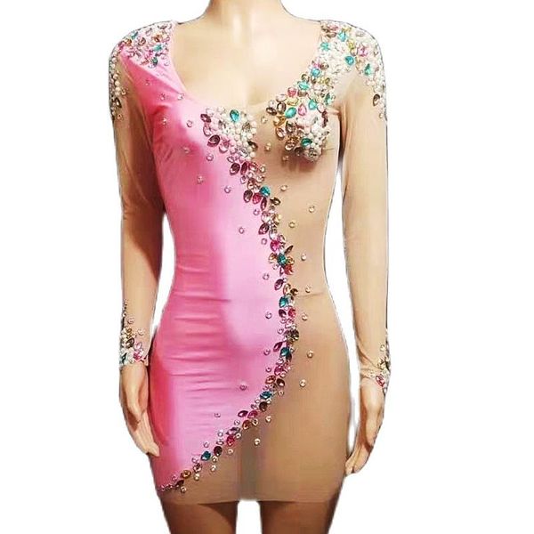 

stage wear long sleeve net yarn transparent women mini dresses tight stretch pink party birthday celebrate outfit nightclub, Black;red