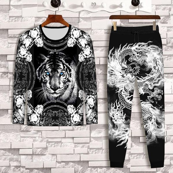

men's tracksuits long-sleeved tiger t-shirt pants 2-piece suit casual loose fashion trend 3d printing, Gray