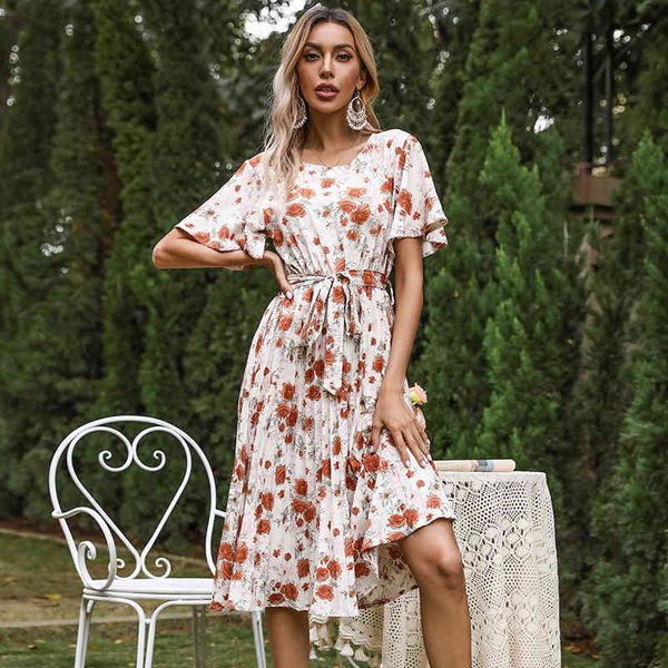

2021 spring summer new floral dress women v neck butterfly sleeve high waist knee length bandage dresses ladies, Black;gray