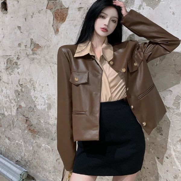 

women's leather & faux brown jacket women autumn biker cropped jackets fashion streetwear pu coats female, Black
