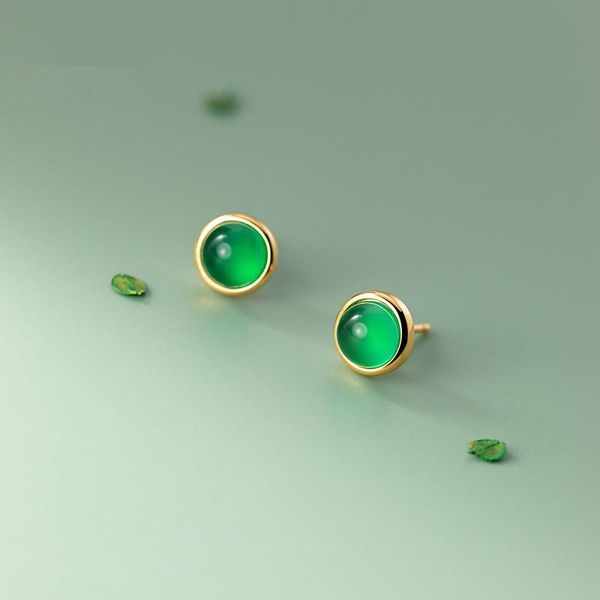 

stud simple design summer green agate geometric round earrings for women 925 sterling silver ear jewelry, Golden;silver