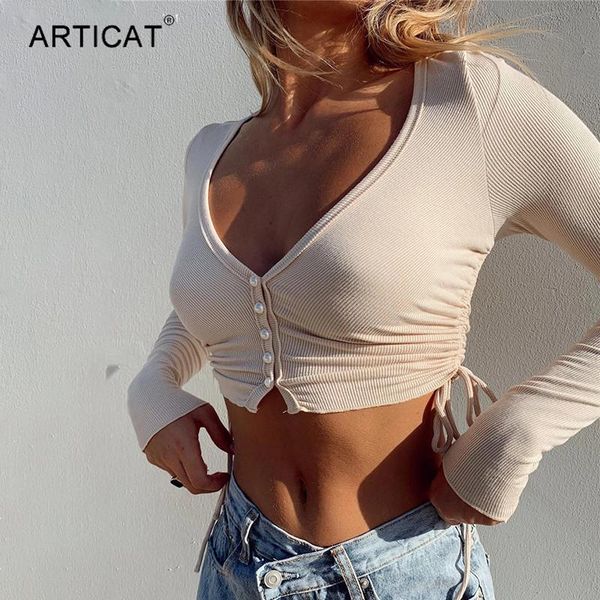 

women's t-shirt articat 2021 spring long sleeve drawstring basic t shirts women white rib knitted buttons ruched crop tees streetwear