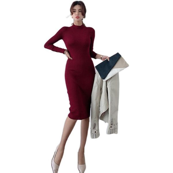 

casual dresses 2021 fashion women party dress knit style long sleeve turtleneck winter maxi slim work wear office vestidos, Black;gray