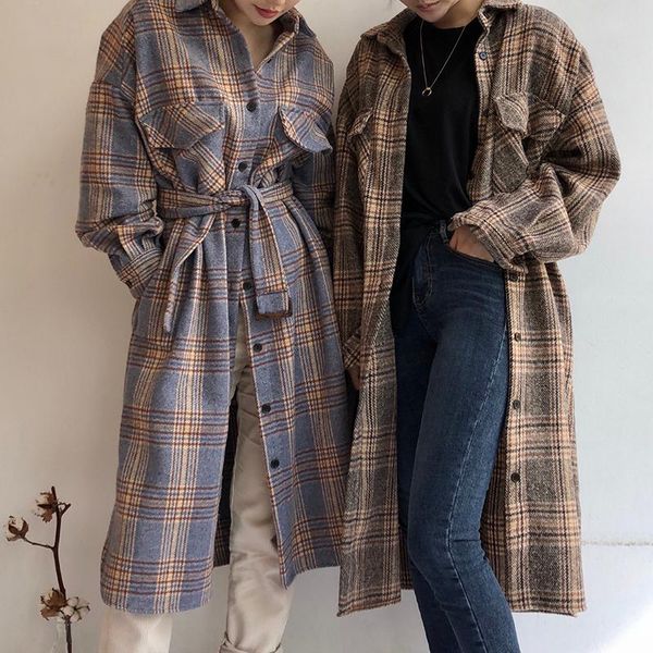

women's wool & blends cinessd plaid woolen overcoat women trench coat casual ladies long outerwear loose winter fashion single breasted, Black