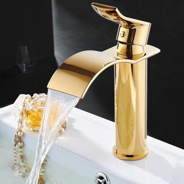 

brass bathroom basin faucet gold waterfall mixer tap and cold sink faucets