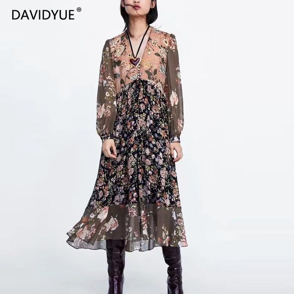 

casual dresses autumn floral print vintage dress women long sleeve boho v neck chiffon elegant chic party vestidos 2021, Black;gray