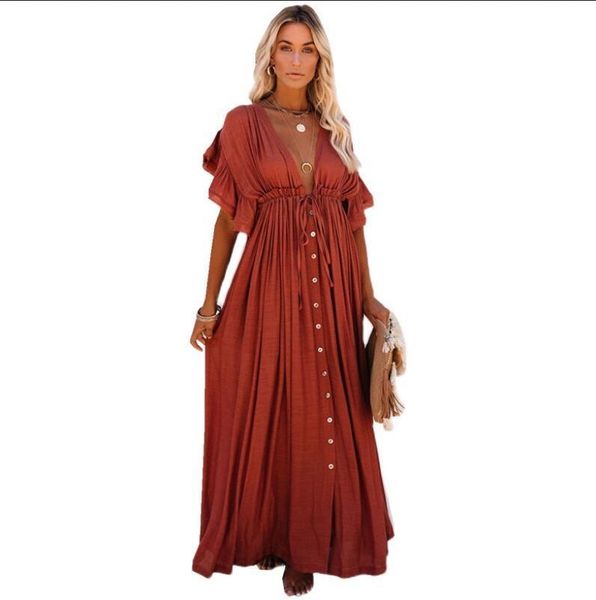 

women's maternity dress v-neck solid color pregnancy ruffle for breastfeeding beach sunscreen dresses, White
