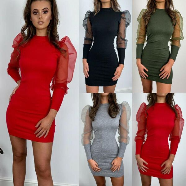 

spring est mini dress women casual long puff mesh sleeve sheer bodycon short party vestido dresses, Black;gray