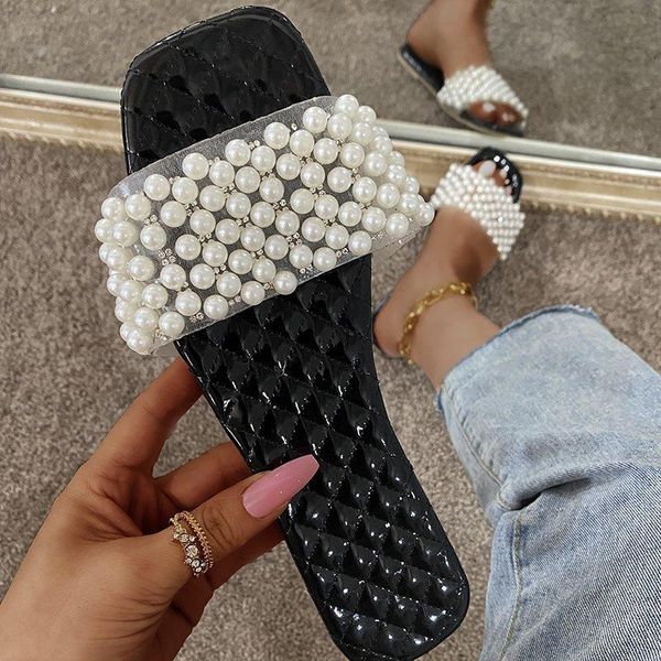 

slippers women pearl woman square toe flats 2021 summer female plus size 35-43 slides women's casual beach shoes ladies footwear, Black